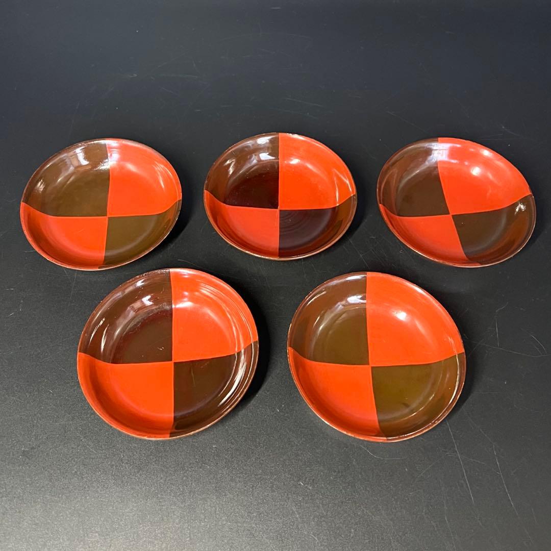 江戸後期 朱黒市松文 片身替 菓子皿 五客揃い 数寄者好み 漆皿 漆器 茶道具