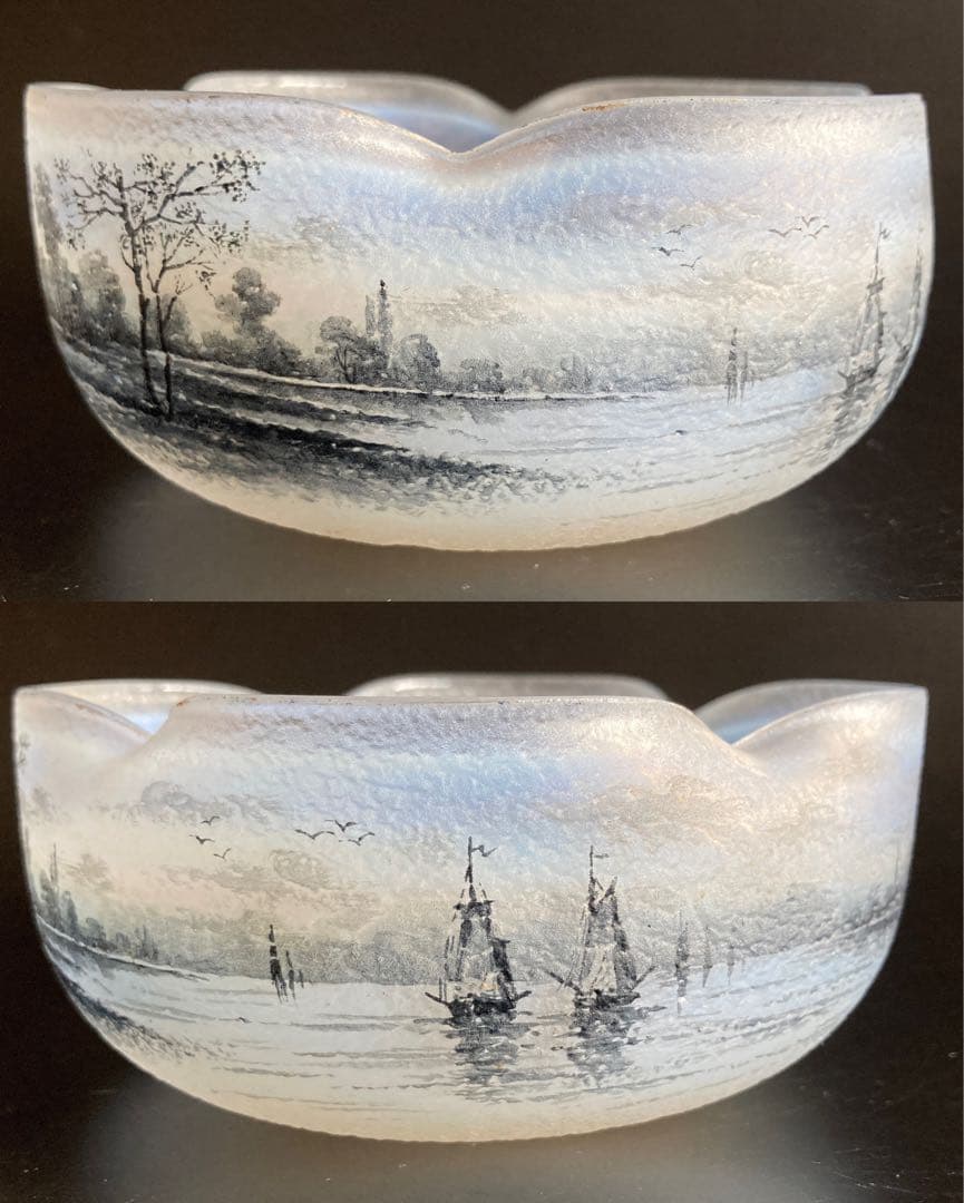 ドーム・ナンシー 阿蘭陀湖畔風景文　ボウル　エナメル　グリザイユ　オパールセント