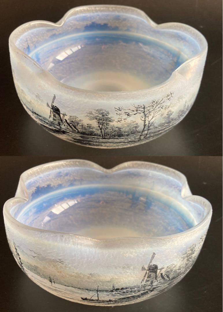 ドーム・ナンシー 阿蘭陀湖畔風景文　ボウル　エナメル　グリザイユ　オパールセント