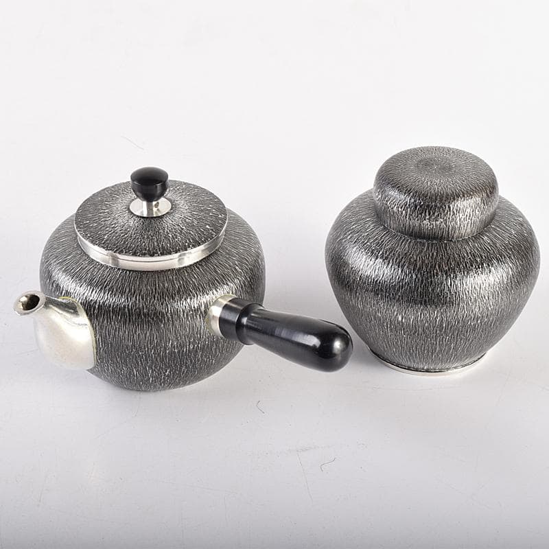 浪華　錫半造　本錫手造り　急須　茶壷　茶托五客など　五点一式　共箱　UR7848