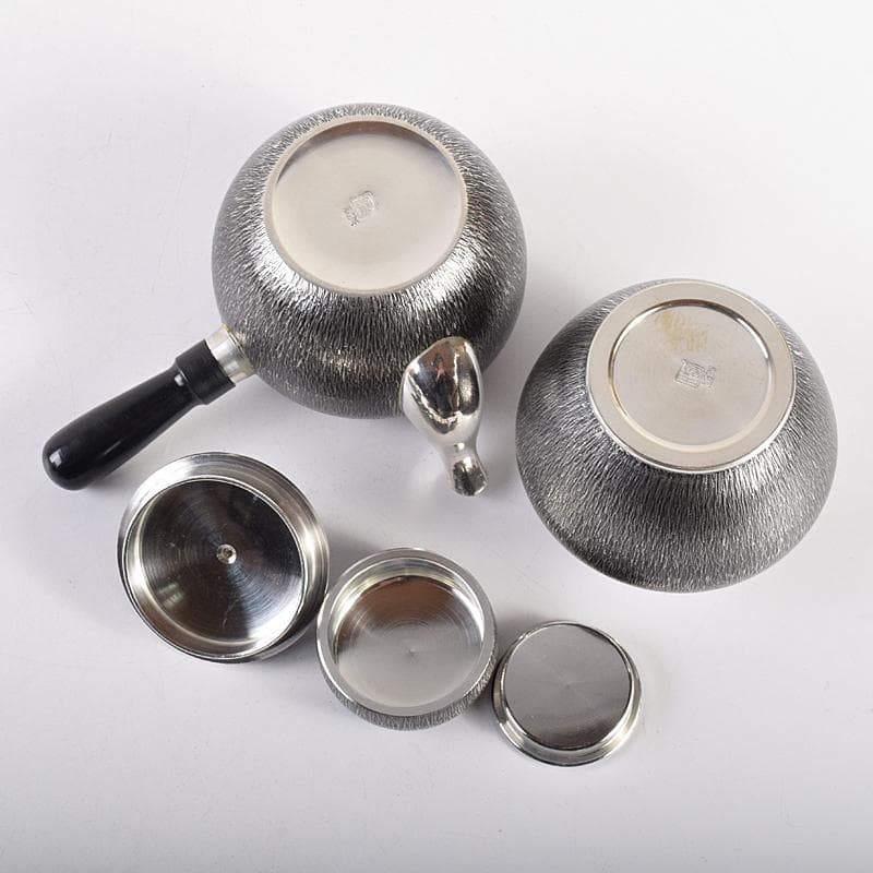 浪華　錫半造　本錫手造り　急須　茶壷　茶托五客など　五点一式　共箱　UR7848