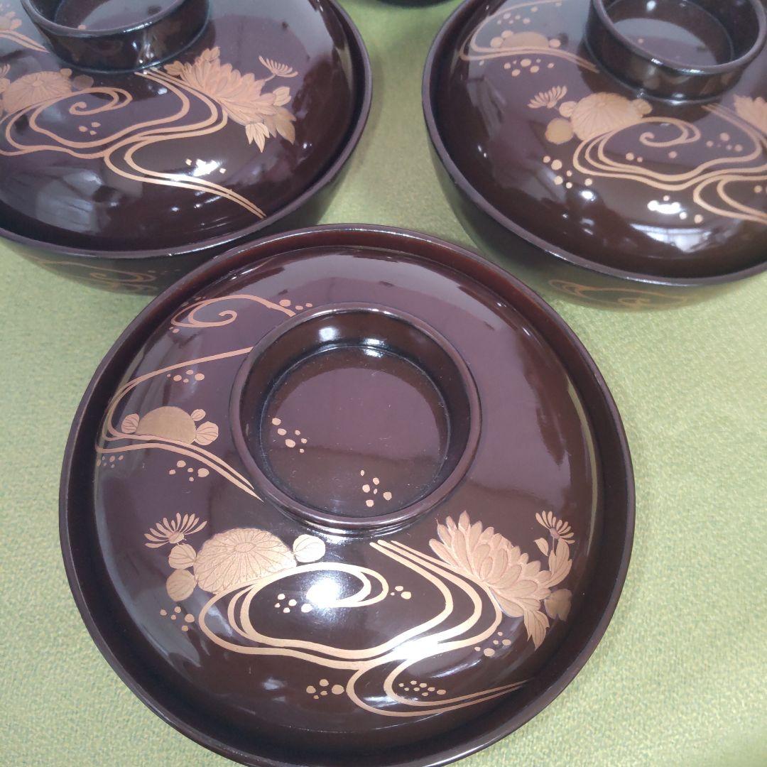 輪島塗 骨董 明治 漆器 椀 6客 金彩 花 牡丹 菊 沈金 木製 蓋付 天然木