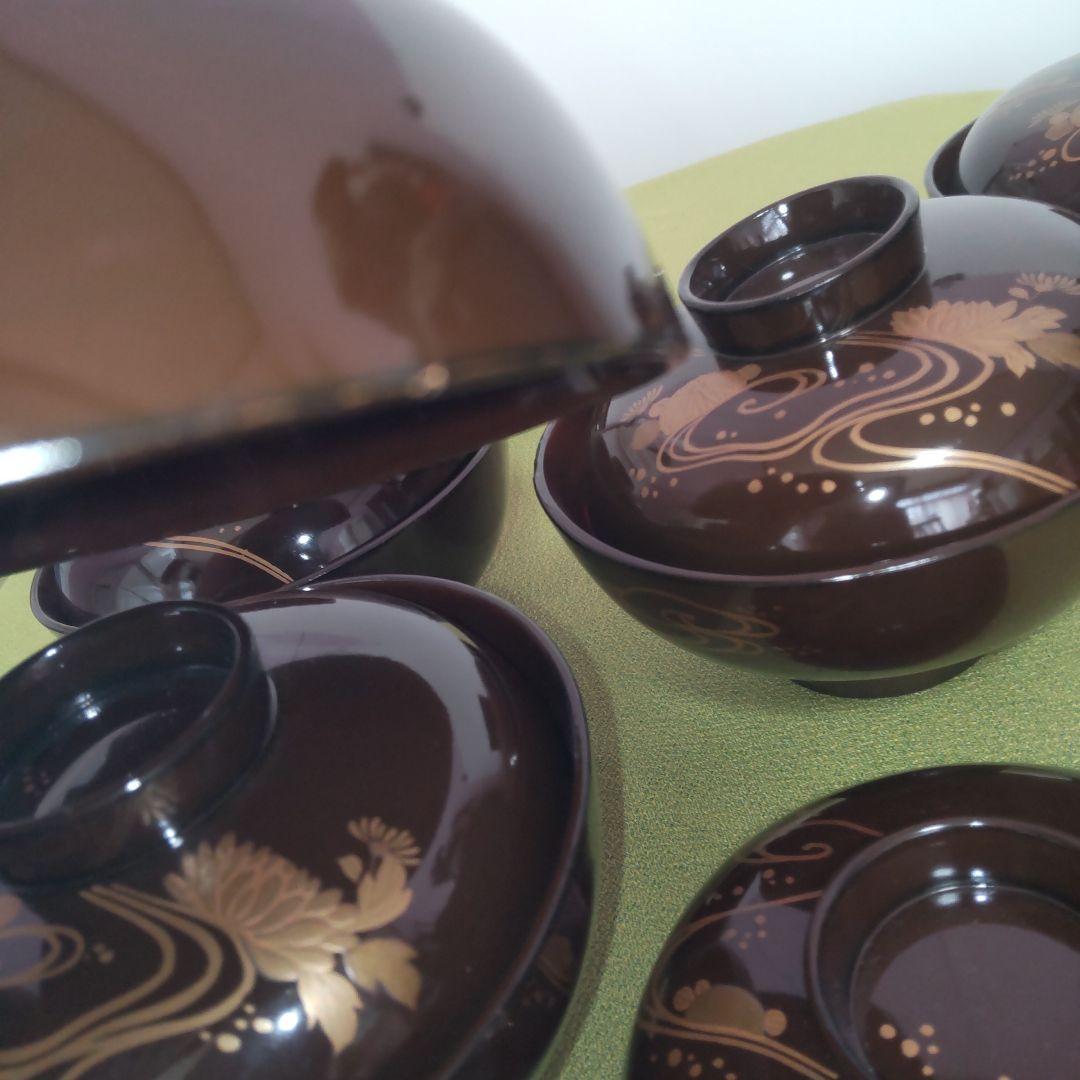 輪島塗 骨董 明治 漆器 椀 6客 金彩 花 牡丹 菊 沈金 木製 蓋付 天然木