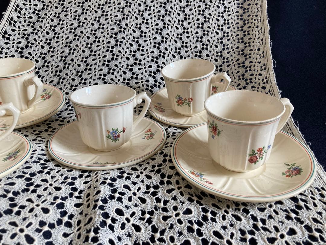 フランスアンティーク 花リム エクリュ ムーランデルー窯 ティーセット