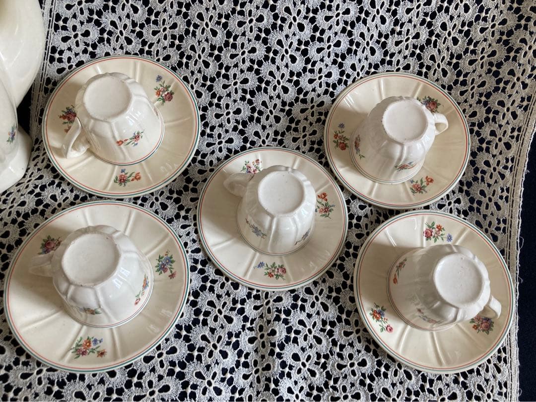 フランスアンティーク 花リム エクリュ ムーランデルー窯 ティーセット