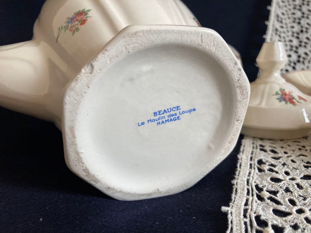 フランスアンティーク 花リム エクリュ ムーランデルー窯 ティーセット