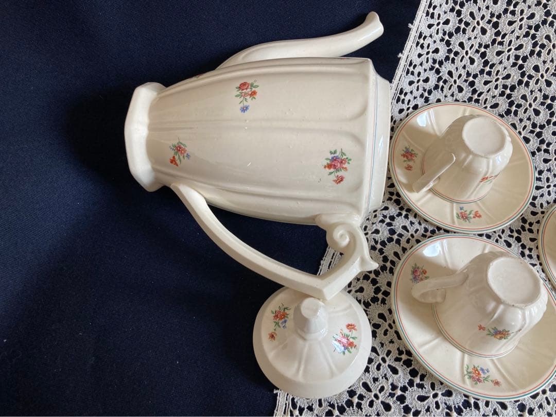 フランスアンティーク 花リム エクリュ ムーランデルー窯 ティーセット