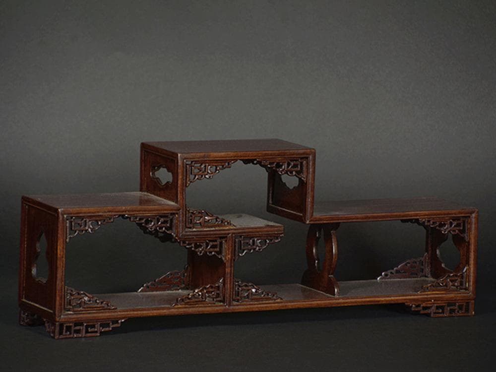 【木】　★ 文房 紅木透彫草龍紋小博古架 ★　清朝期　如意 彫刻文様　蘇工木作