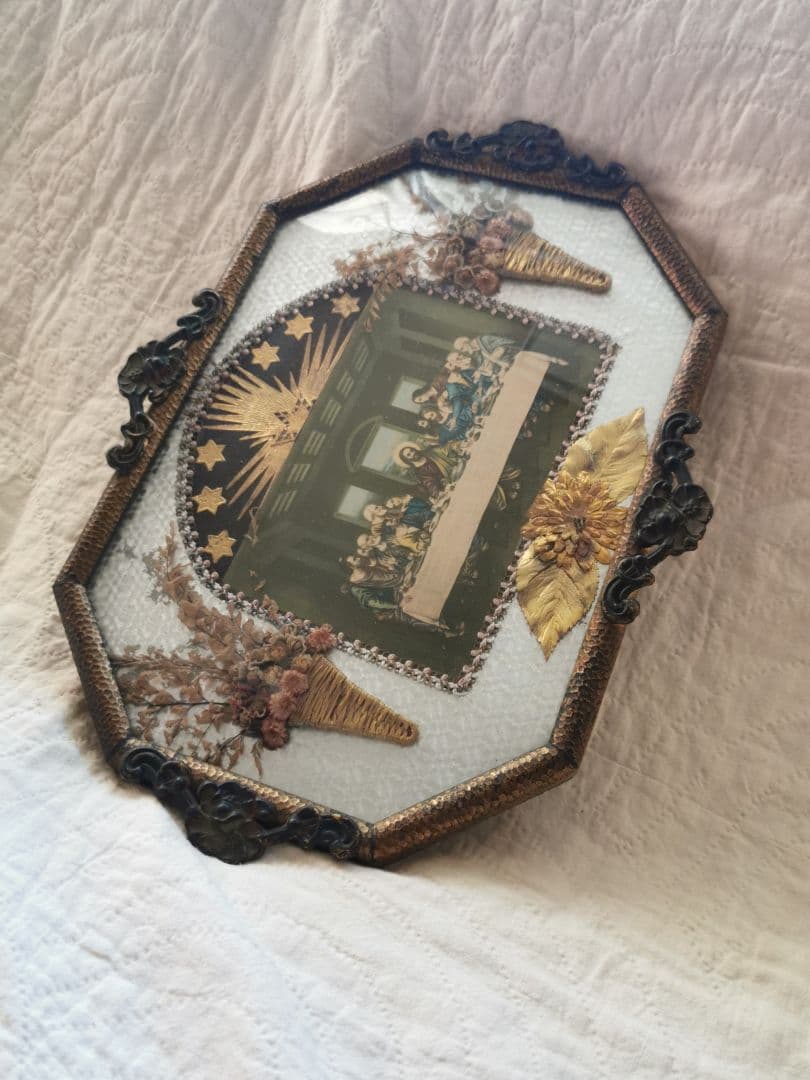 アンティーク 最後の晩餐 ドームガラス ドライフラワー オルモル装飾風銅のパネル