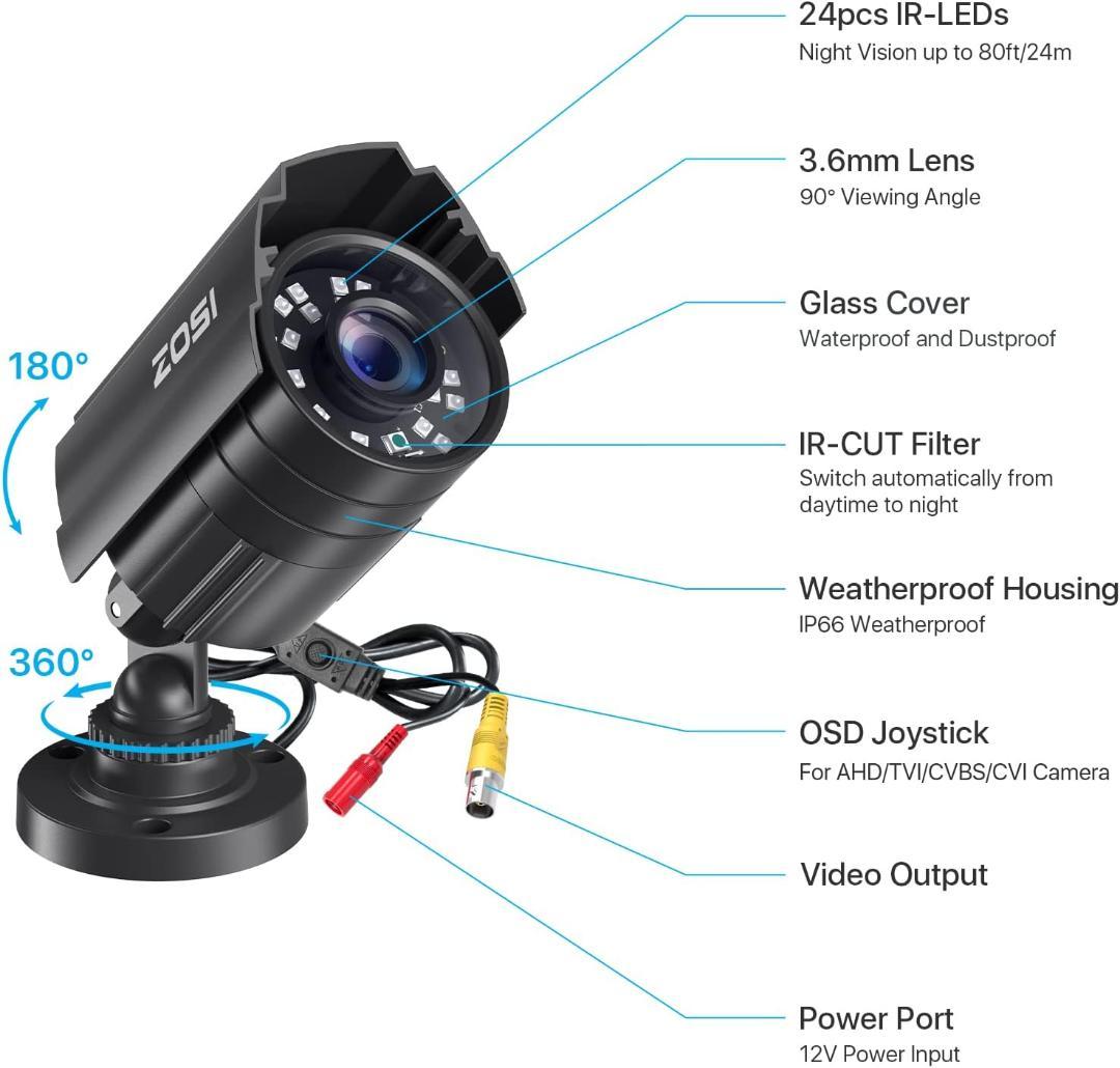 防犯カメラ 230万画素 24個赤外線 3.6MM広いレンズ IP67防水
