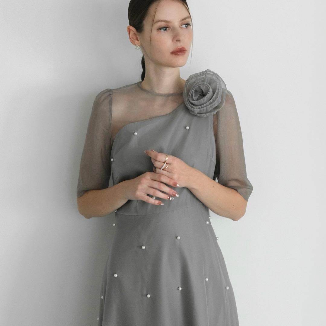 【LEJA】美品！！パールアシンメトリーローズモチーフAラインドレスワンピース