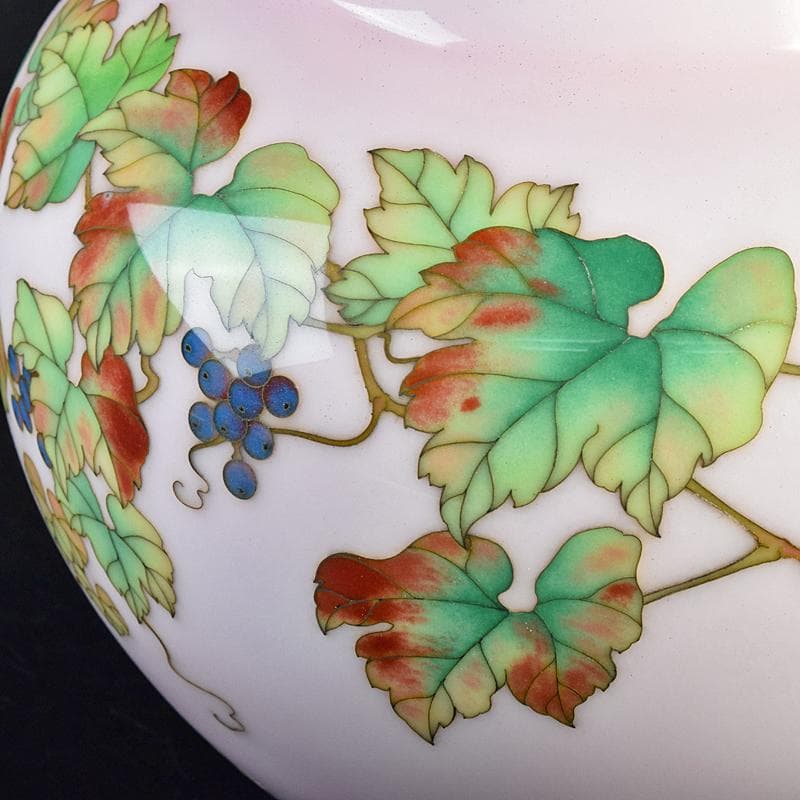 AAA安藤七宝店純銀刻印　桜釉　葡萄文瓶　唐木台・木箱付　H　R8810B