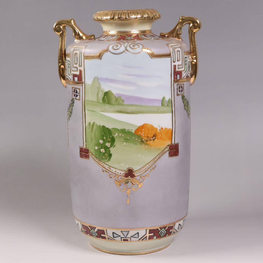 【CM318】オールドノリタケ パネル風景 耳付 花瓶 金彩 金盛 明治