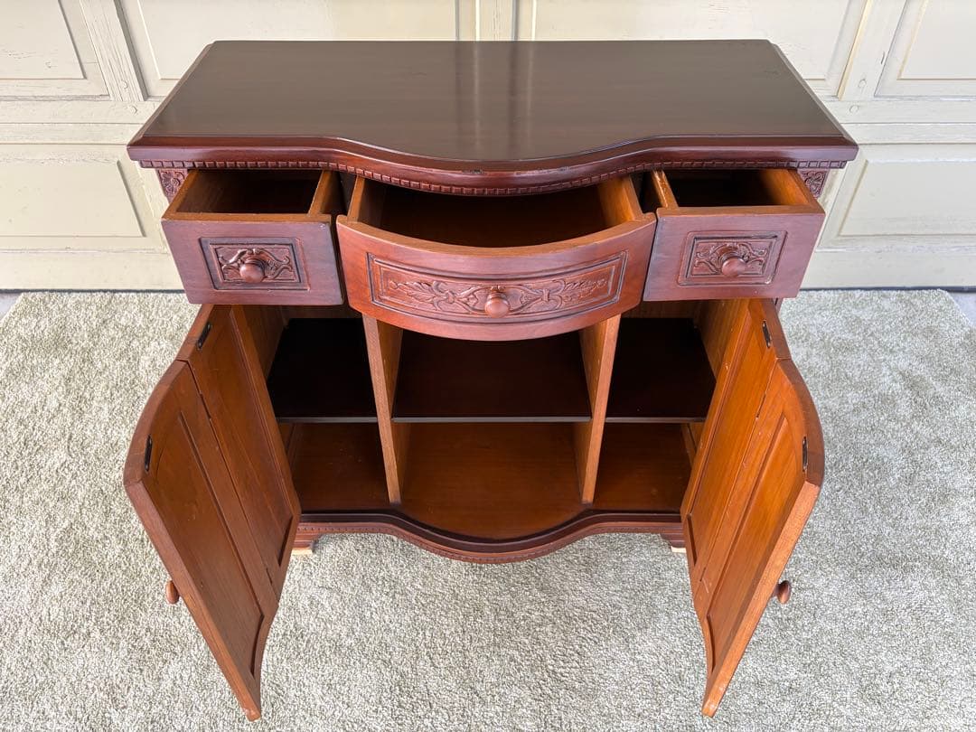 アンティーク調 木彫りコンソールキャビネット サイドボード 飾り棚