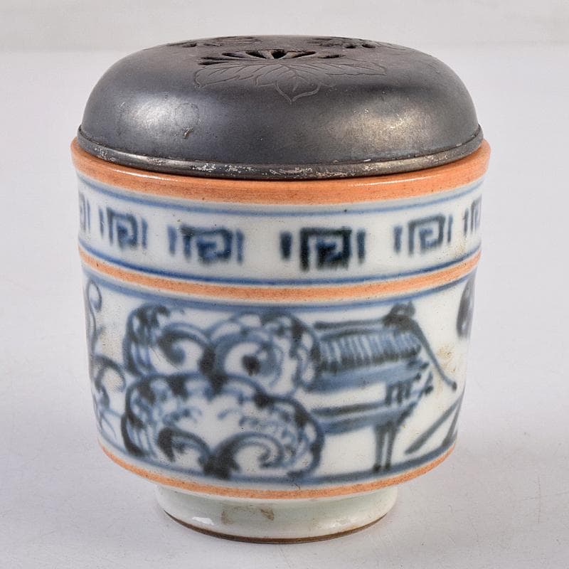 茶道具　京焼　滝口加全作　染付山水文　香炉　透かし火屋付　M　R8878