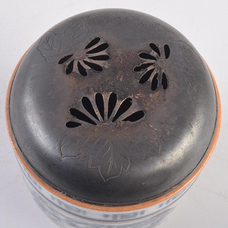 茶道具　京焼　滝口加全作　染付山水文　香炉　透かし火屋付　M　R8878