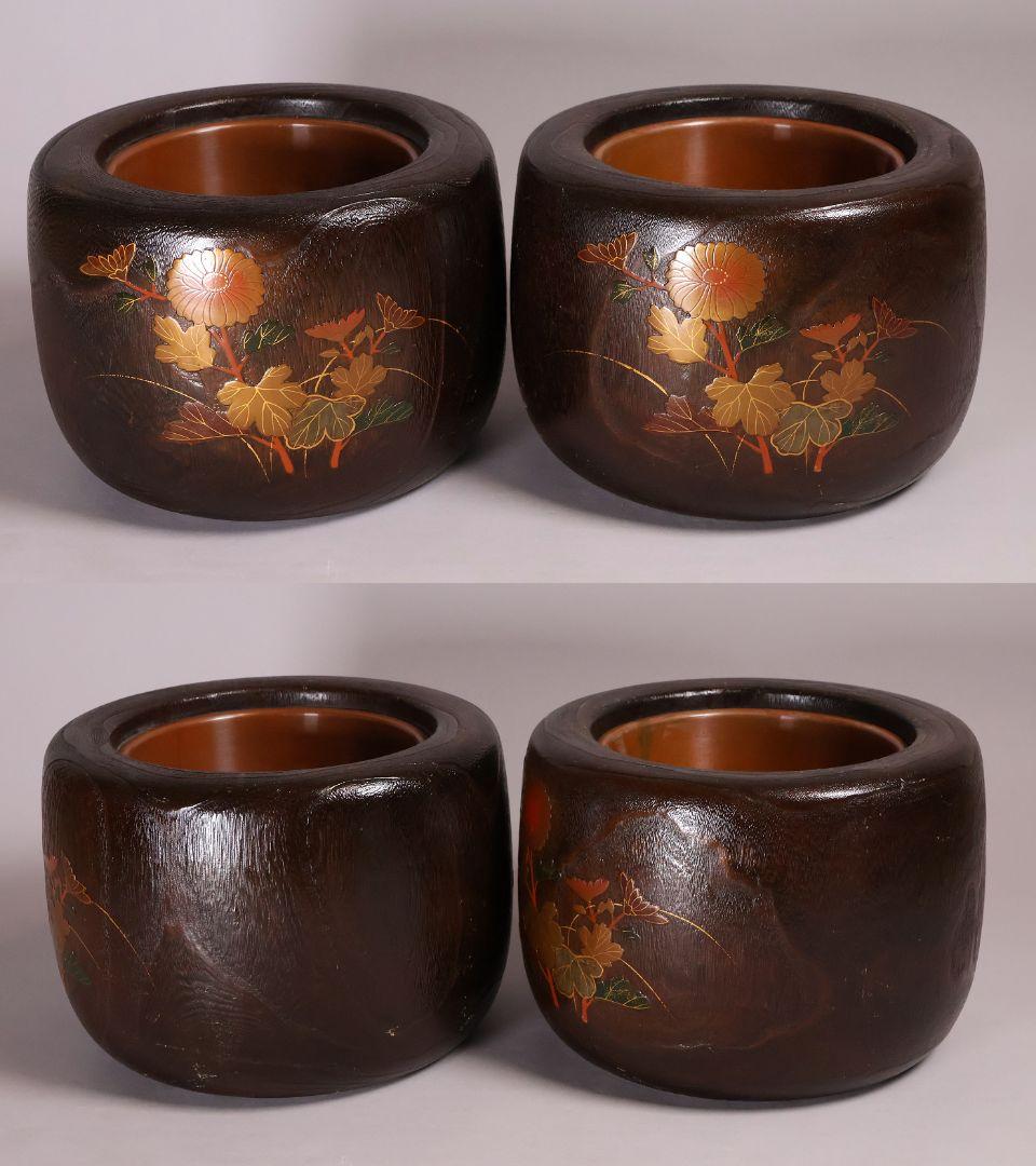 桐火鉢一対 菊蒔絵 草花 木箱入り 手あぶり 古民具 漆芸 茶道具【MB55】