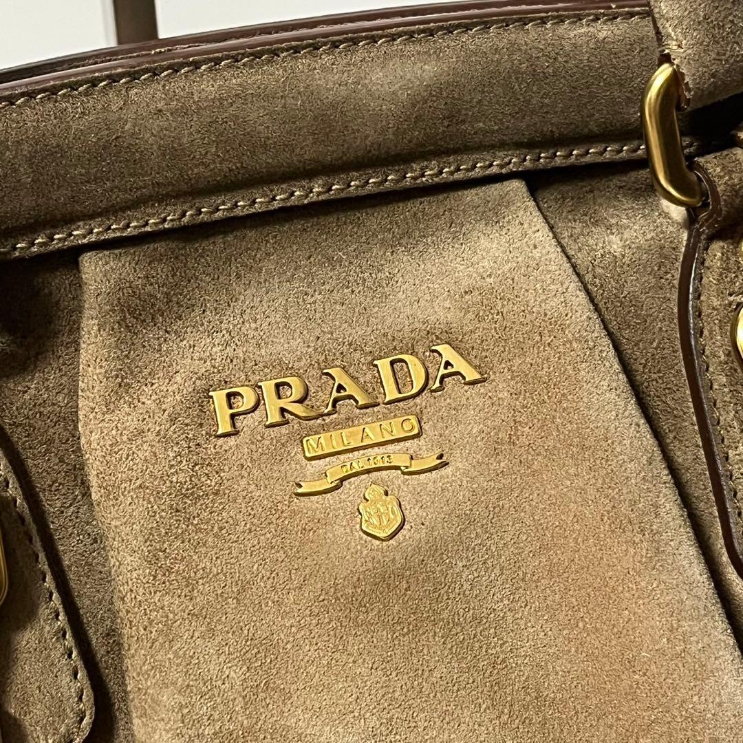 美品✨　PRADA スエード　トートバッグ　ハンドバッグ　ブラウン　茶　白タグ