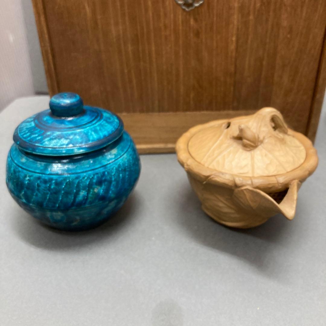 茶道具　煎茶揃　急須　蓋カラクリ、茶入、茶碗3、鉢、盆　旅箪笥　共箱　S70ST