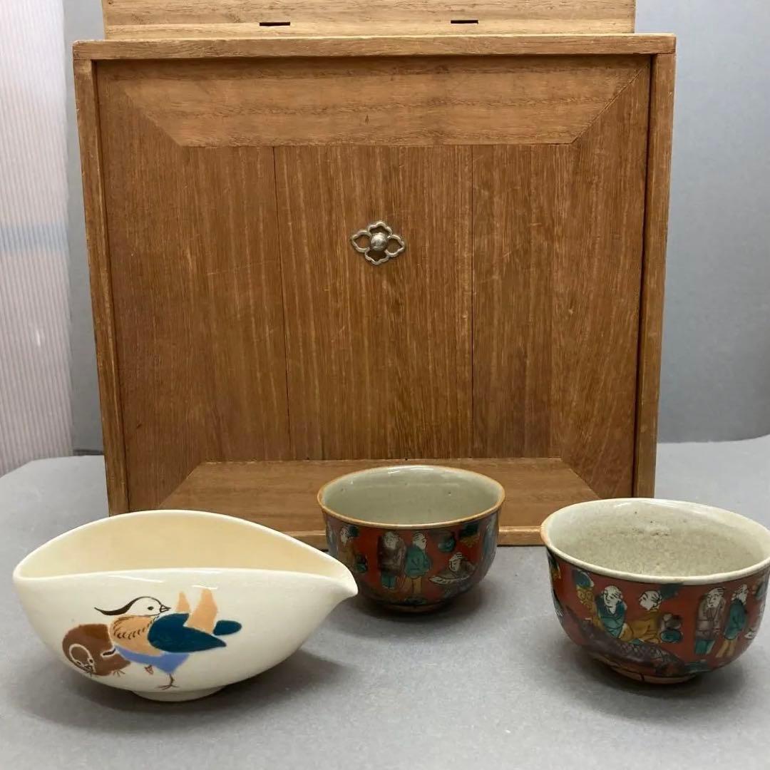 茶道具　煎茶揃　急須　蓋カラクリ、茶入、茶碗3、鉢、盆　旅箪笥　共箱　S70ST
