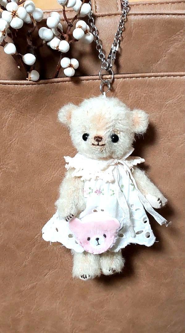 ハンドメイド テディベア バッグチャーム 短毛カールモヘア ベージュ色 手作り