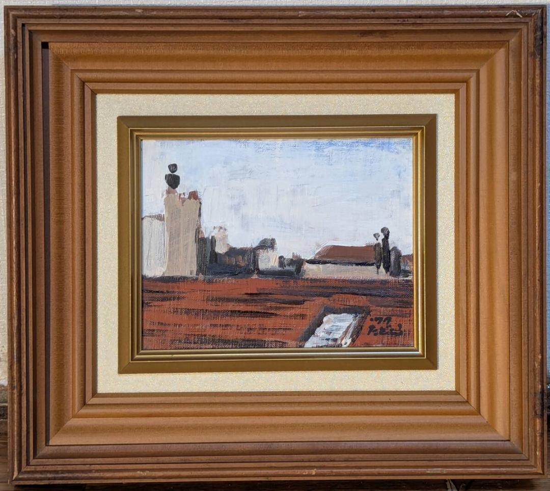 【真作】絵画　田所幸一　油彩0号　パリの屋根　1977年作 モダン構成　X166