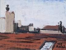 【真作】絵画　田所幸一　油彩0号　パリの屋根　1977年作 モダン構成　X166