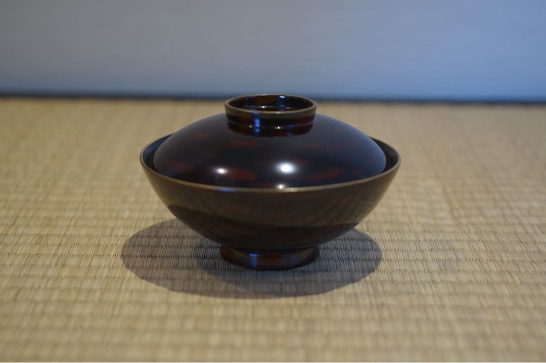 明治期 輪島塗 工房印有 三日月に蝙蝠蒔絵 溜塗 吸物椀 2客/木製漆器 茶懐石