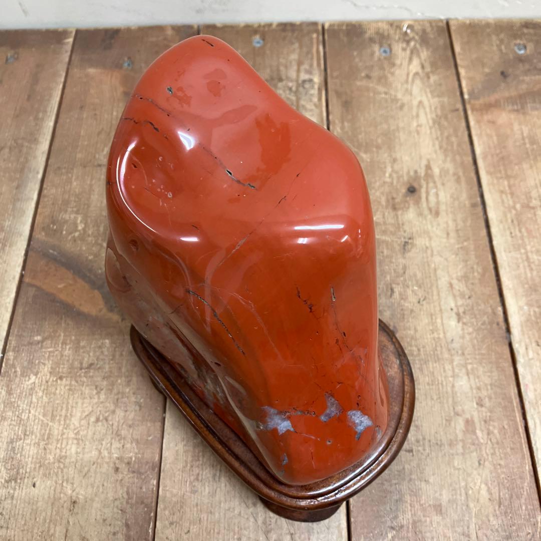 E-4 昭和レトロ 鑑賞石 赤石 飾り石 碧玉 磨き石 台座付き 石 ストーン