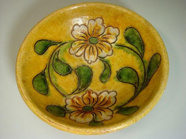 鉢■古い中国の花紋黄釉薬碗 菓子鉢 土物 丸鉢 古玩 唐物 中国 時代物 骨董■