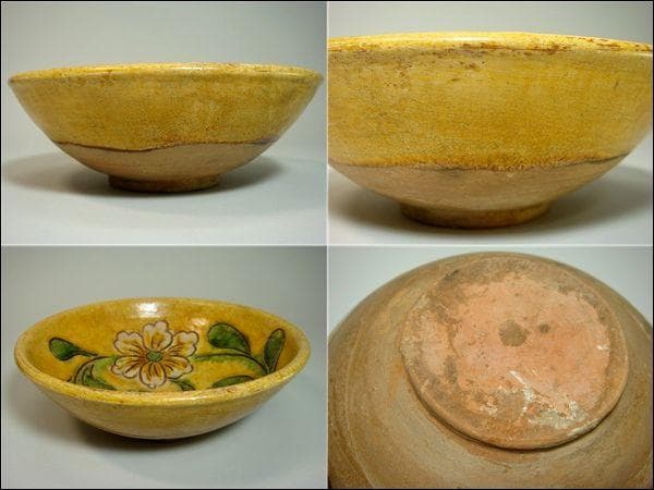 鉢■古い中国の花紋黄釉薬碗 菓子鉢 土物 丸鉢 古玩 唐物 中国 時代物 骨董■
