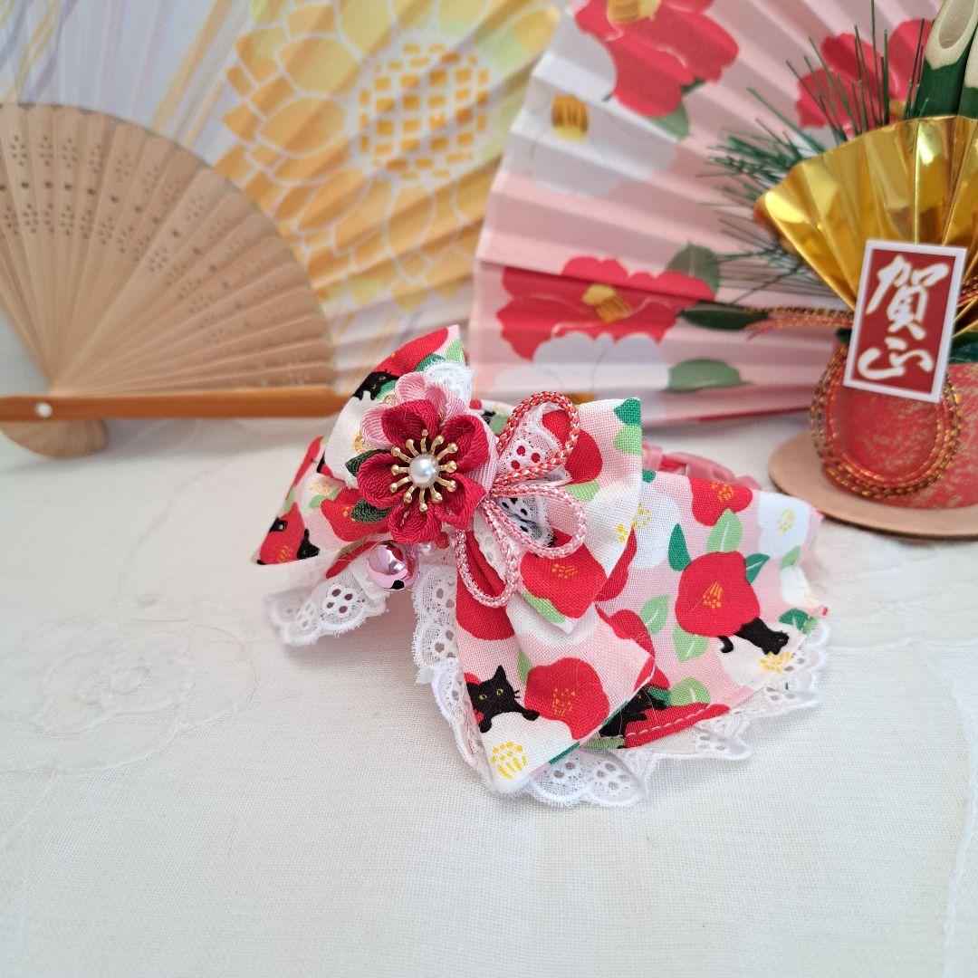 お正月仕様和風つまみ細工(ピンク①)わんちゃん猫ちゃん用襟つき首輪