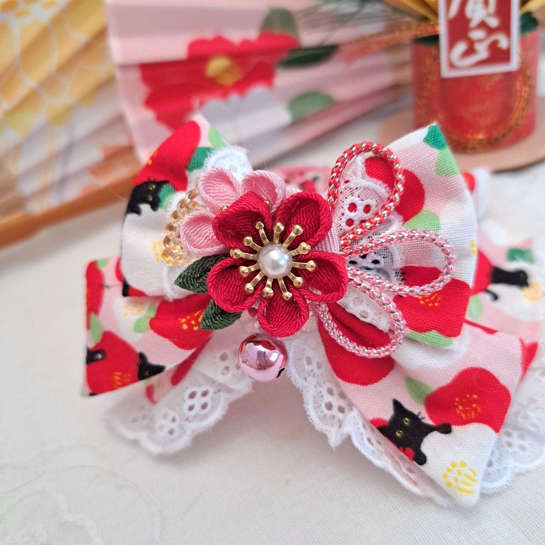 お正月仕様和風つまみ細工(ピンク①)わんちゃん猫ちゃん用襟つき首輪