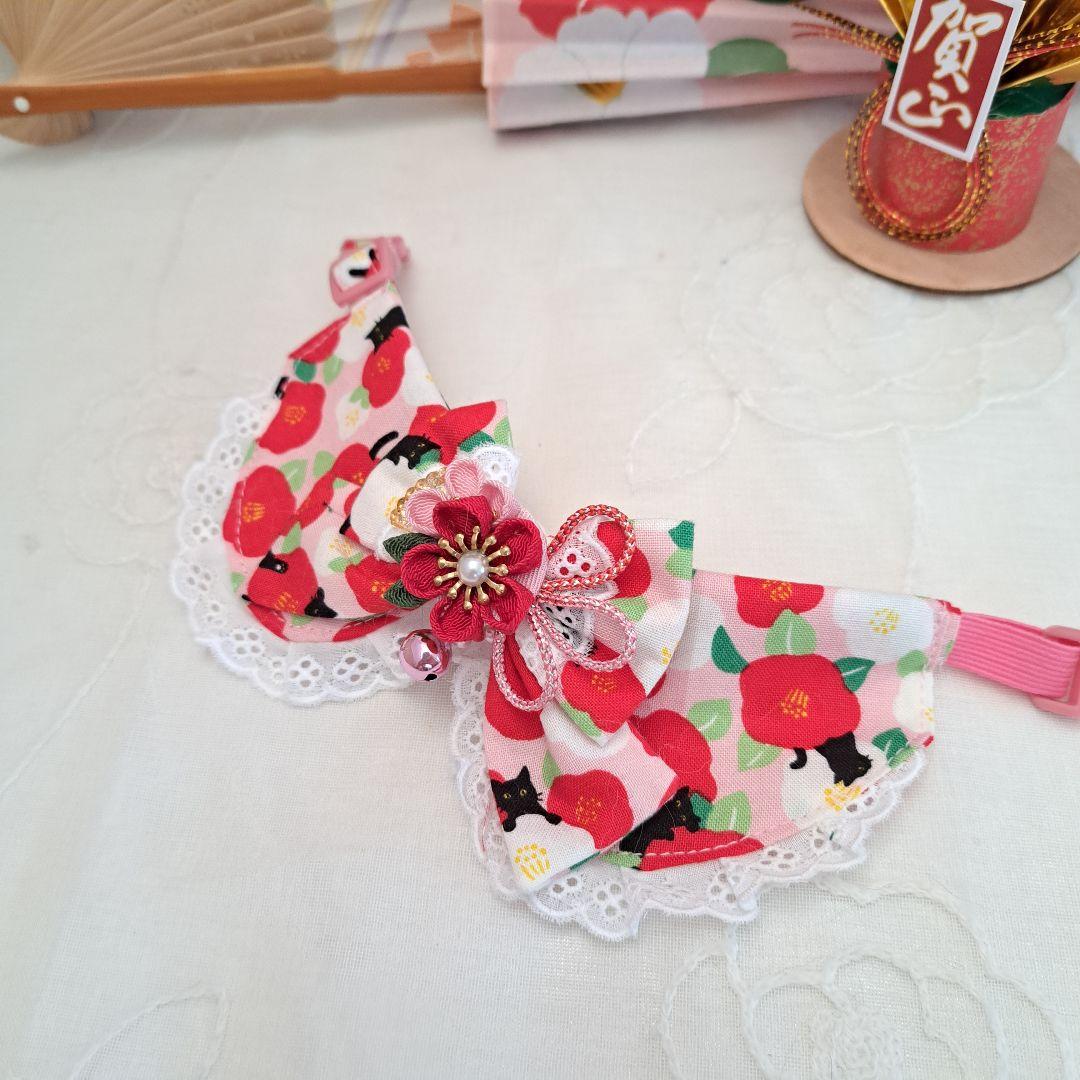 お正月仕様和風つまみ細工(ピンク①)わんちゃん猫ちゃん用襟つき首輪