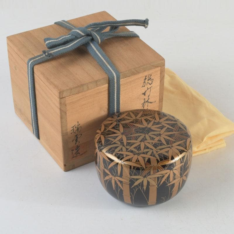 茶道具　瑞雲造　漆塗　総竹林蒔絵　平棗　共布共箱　V　9465