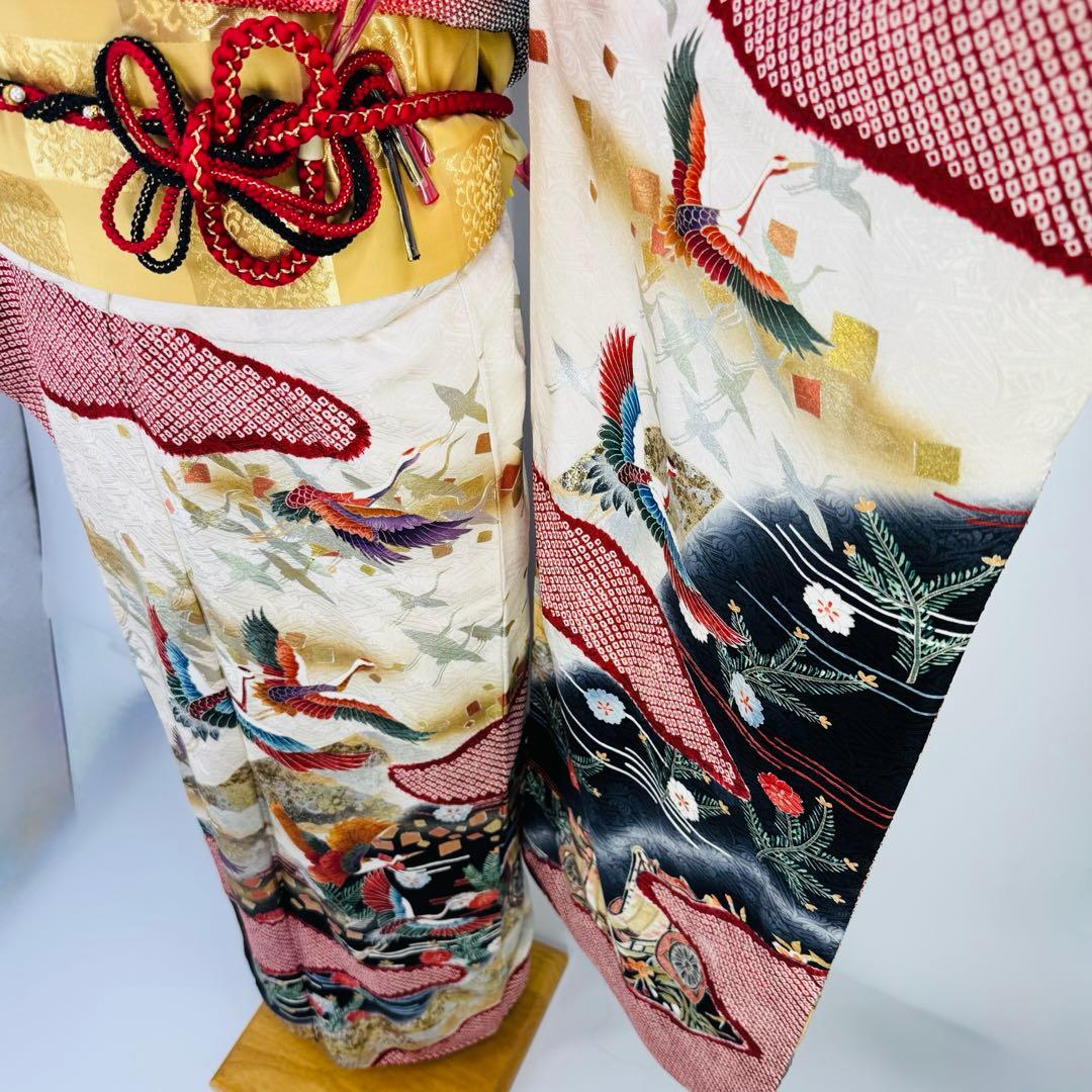 美品　振袖セット　絞り　地紋　鶴　御所車　成人式　結婚式　長襦袢付き　正絹