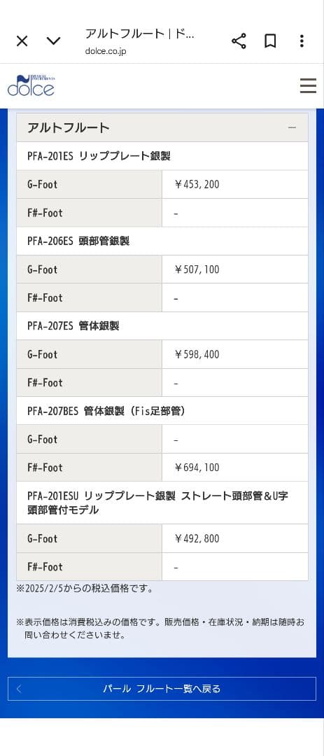 Pearl 　アルトフルート 本体