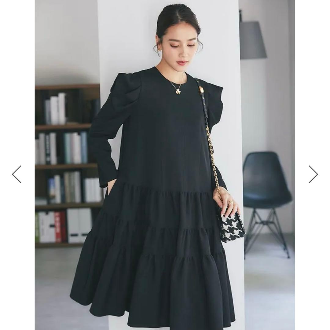 セブンテン　SEVEN TEN ウールライクティアードワンピース　ブラック　M