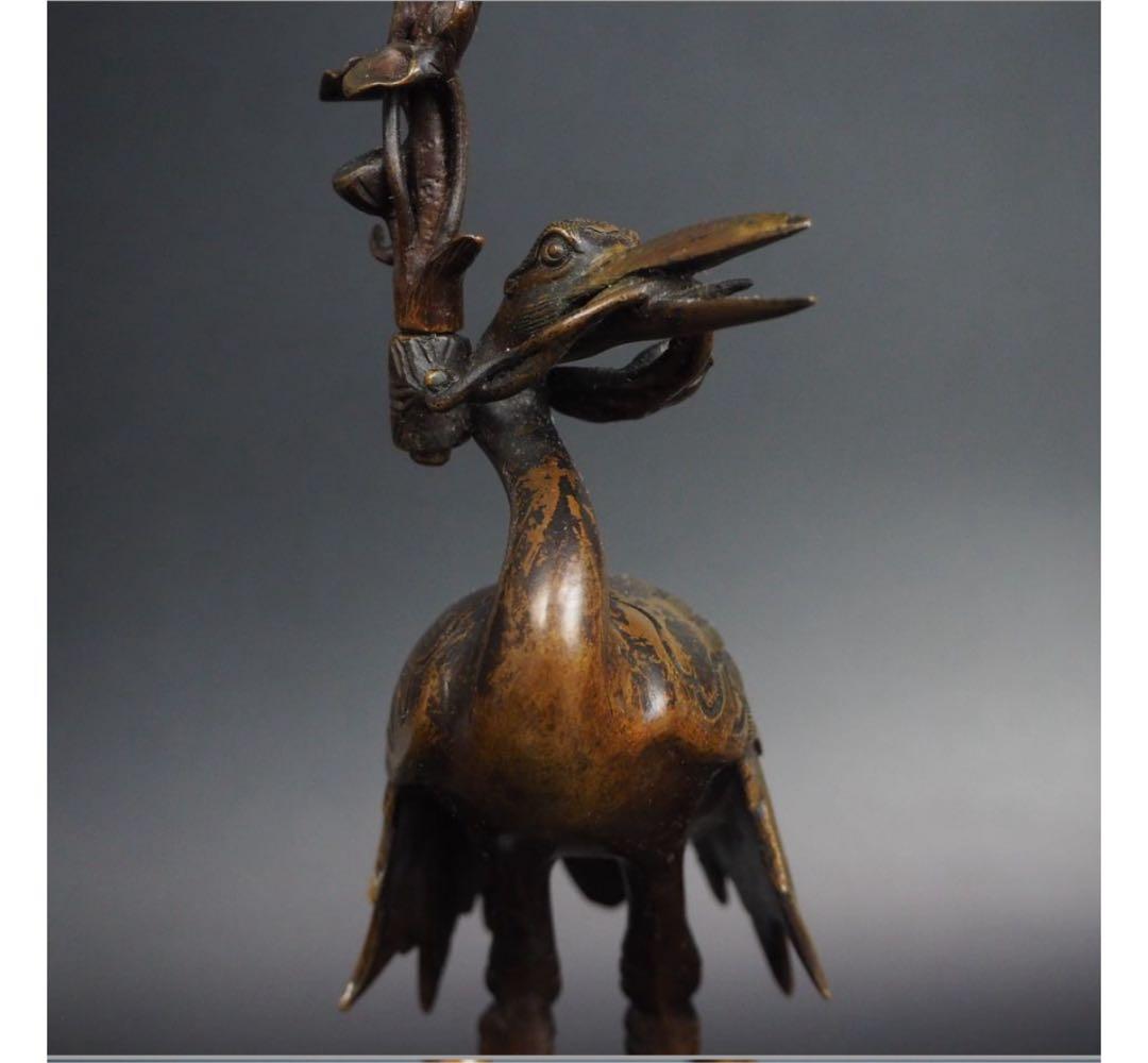 送料無料　江戸～明治時代　古銅鶴亀燭台　精巧細密作り　極上品　高29ｃｍ