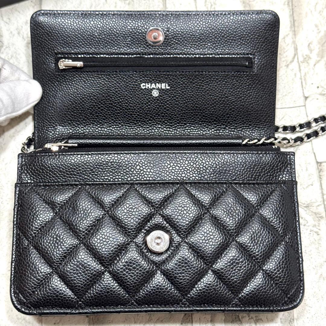 CHANEL チェーンウォレット　グレインドカーフスキン　マトラッセ　ブラック