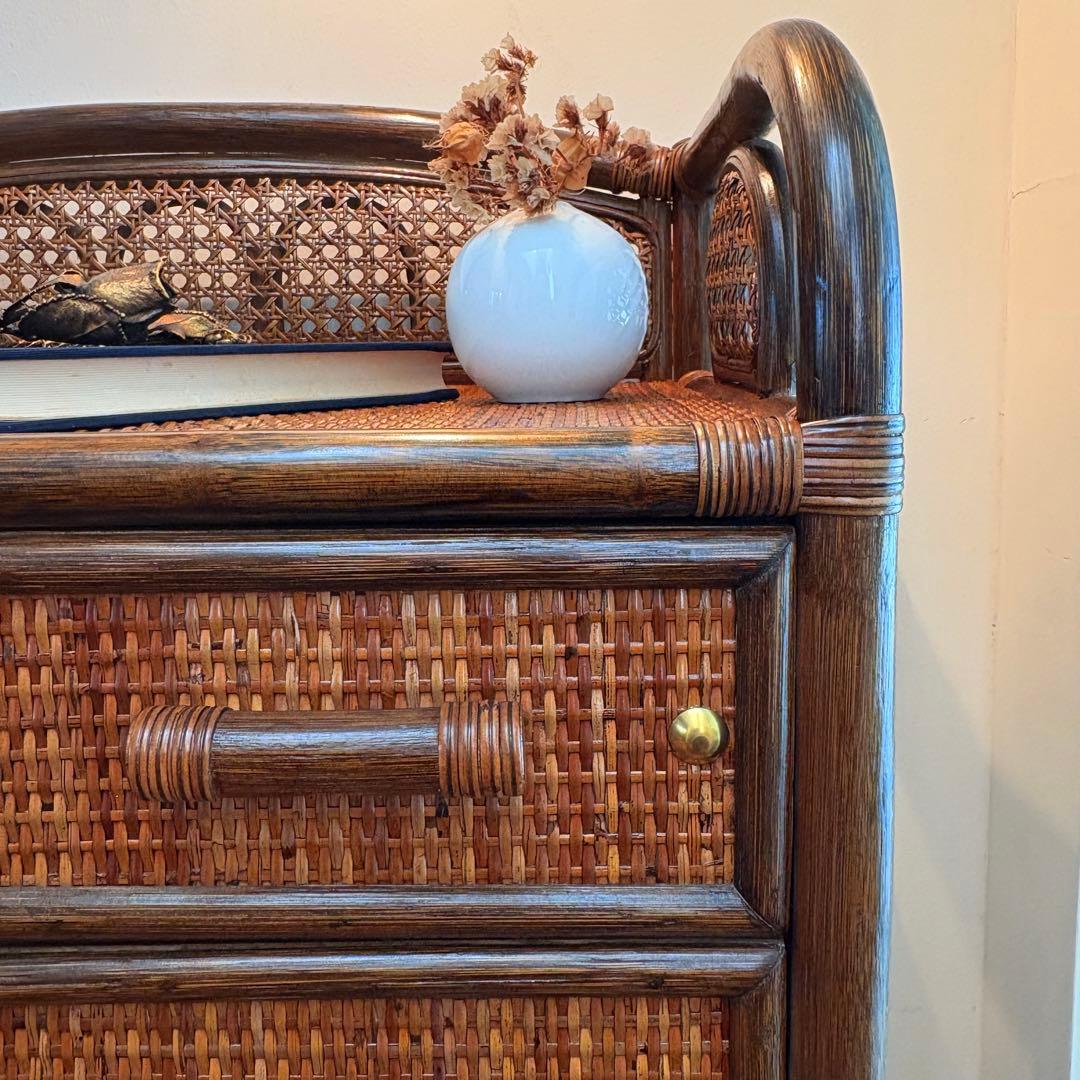 ラタン チェスト 8杯引き出し ヴィンテージ 籐家具 真鍮鋲付き バンブー