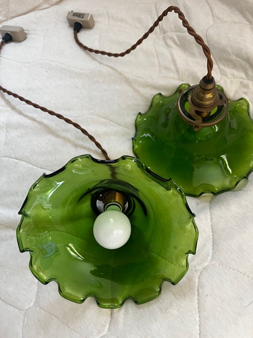 【2個セット】グリーンガラス ペンダントライト