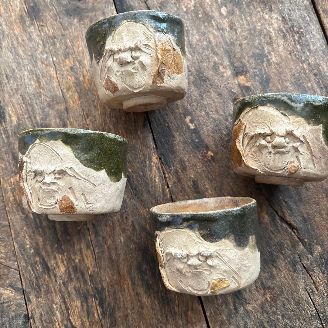 SALE⏬天竜峡焼　達磨陽刻文　煎茶碗　ぐい呑　三輪楽雅堂　4客