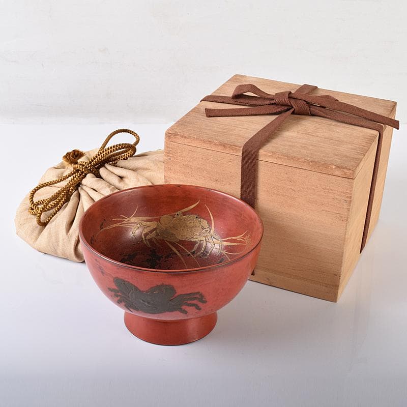 根来漆　金銀蒔絵　蟹文椀　時代箱付　M　R7922