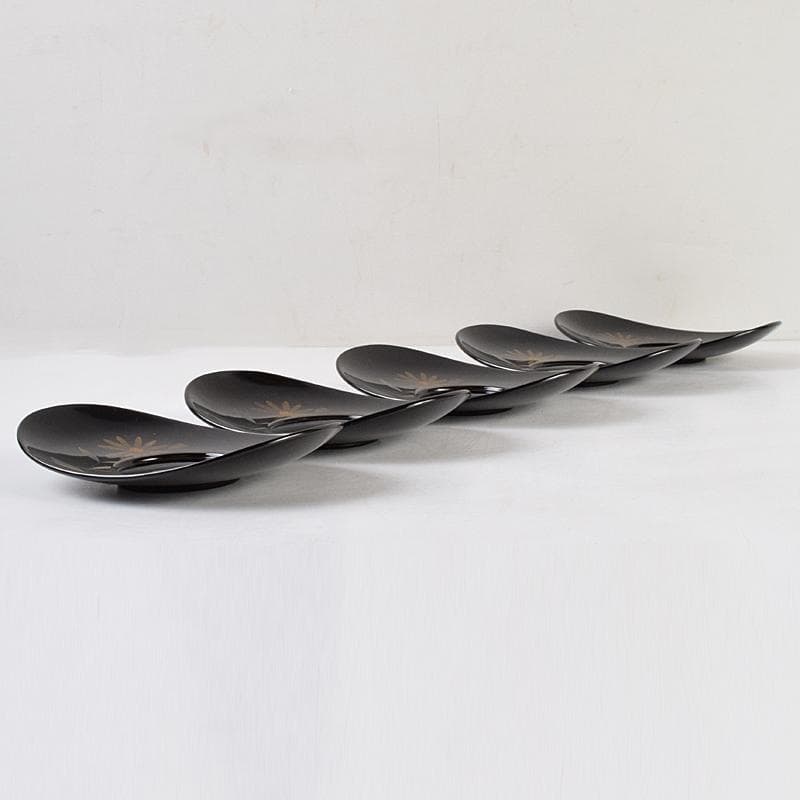 茶道具　輪島塗　三谷吾一作　花草沈金　楕円茶托　五客　共箱　M　R9469