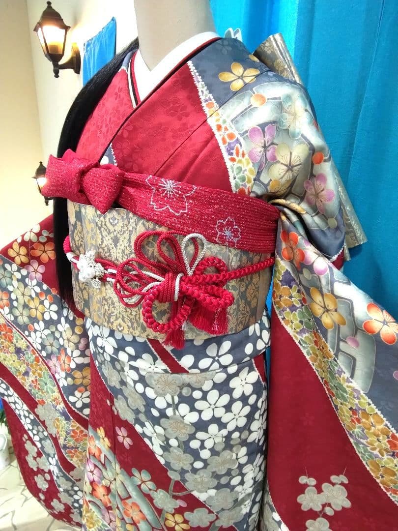振袖フルセット、正絹、成人式、重ね衿帯揚げ帯締め、西陣袋帯、襦袢、岩田専太郎落款