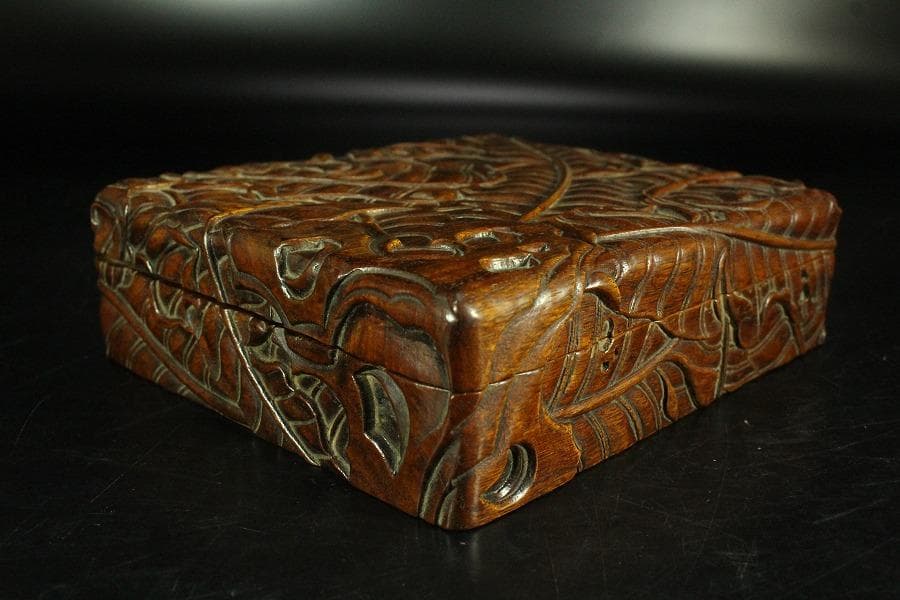 唐木 刻芭蕉 四方箱 旧家蔵出(K-A746)