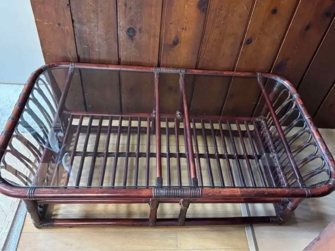 ꧁籐家具꧂アジアン ラタンテーブル ガラス天板座卓 センターテーブル 古家具