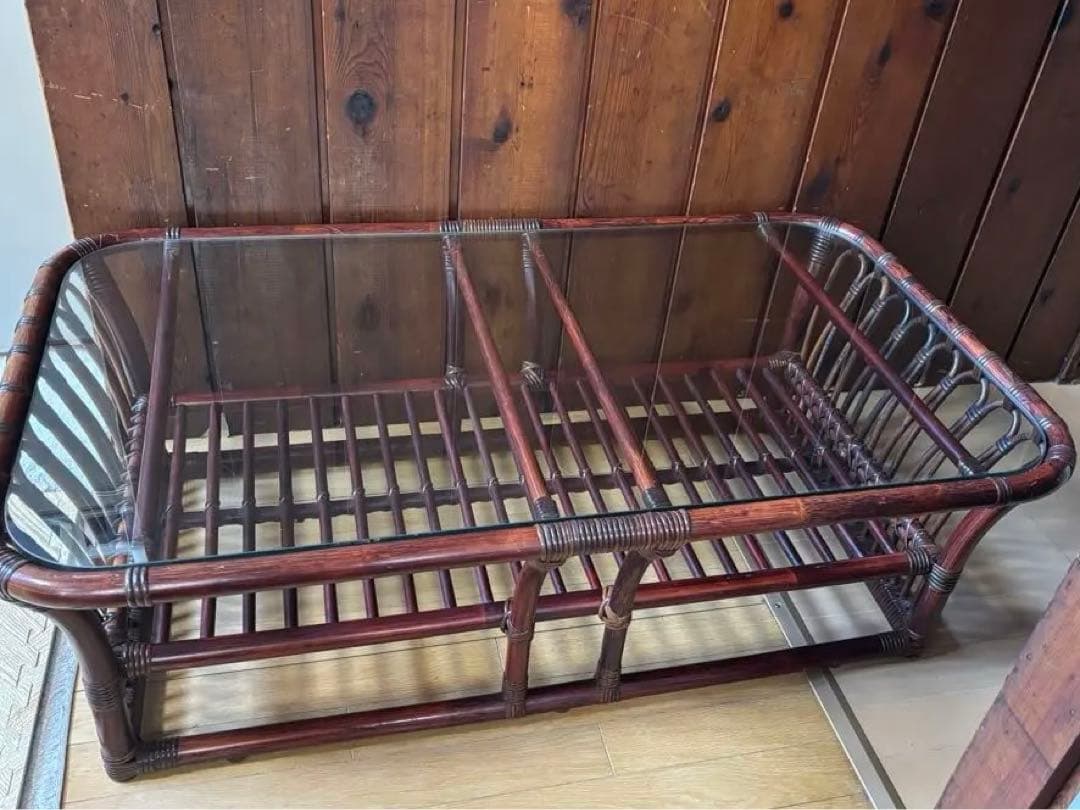 ꧁籐家具꧂アジアン ラタンテーブル ガラス天板座卓 センターテーブル 古家具