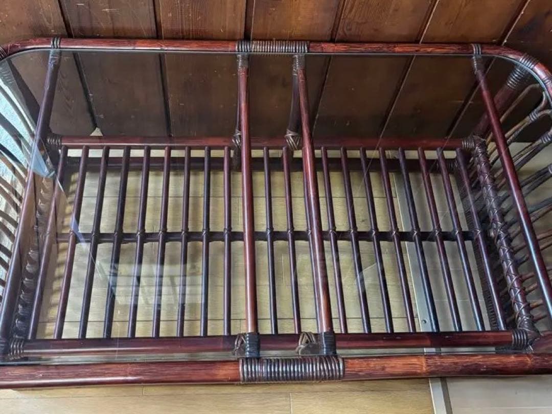 ꧁籐家具꧂アジアン ラタンテーブル ガラス天板座卓 センターテーブル 古家具